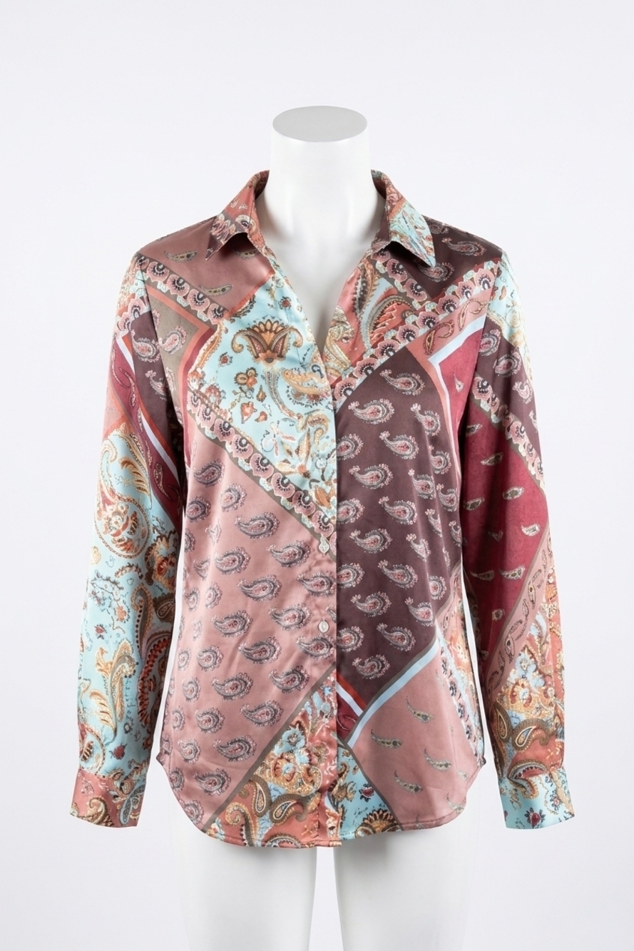 NEW PAPARAZZI satin print long sleeve shirt in patchwork